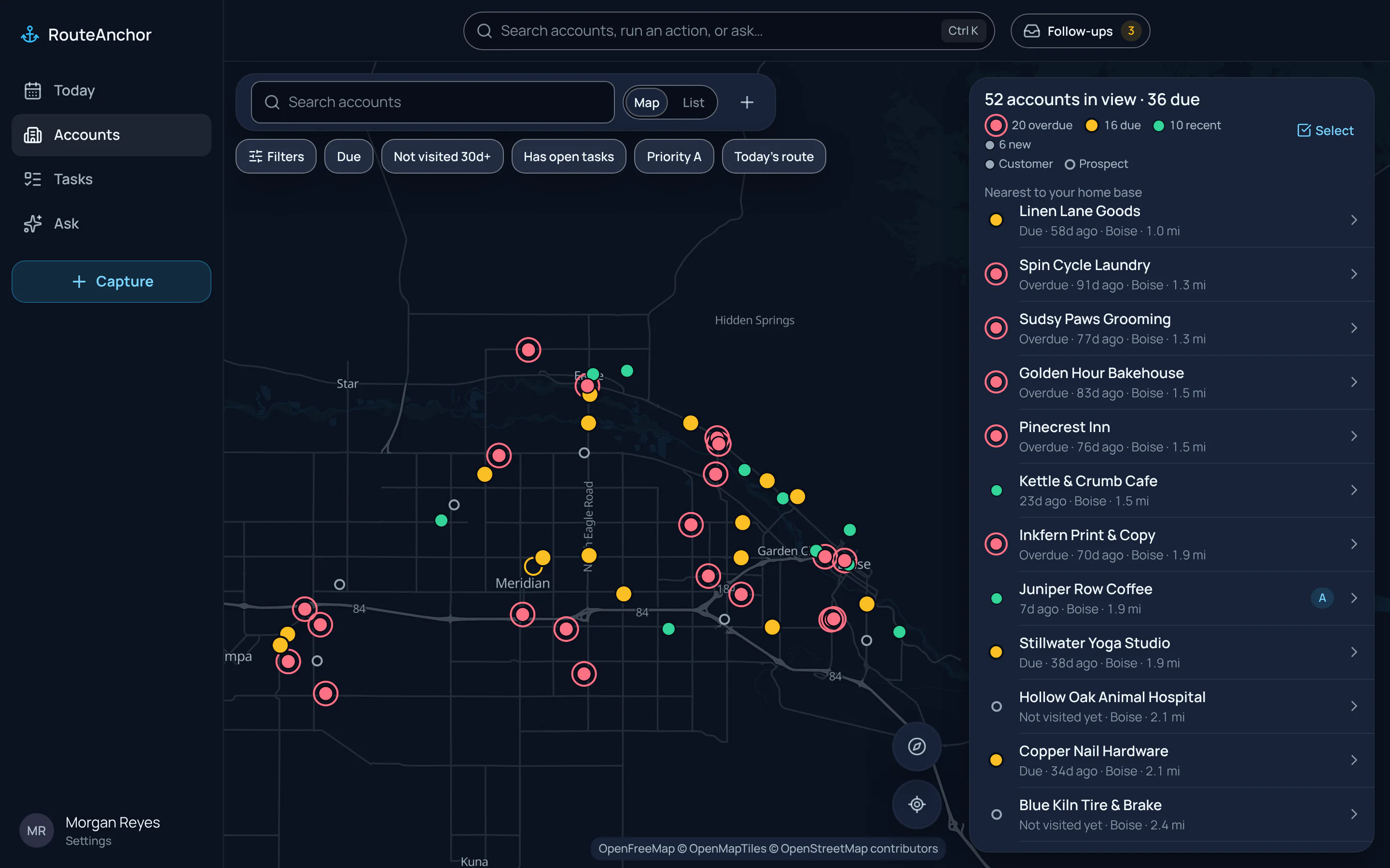 The Accounts map: every account pinned across the Boise area, shaded by how long since the last visit — overdue, due, recent and new — with the nearest accounts listed beside it.