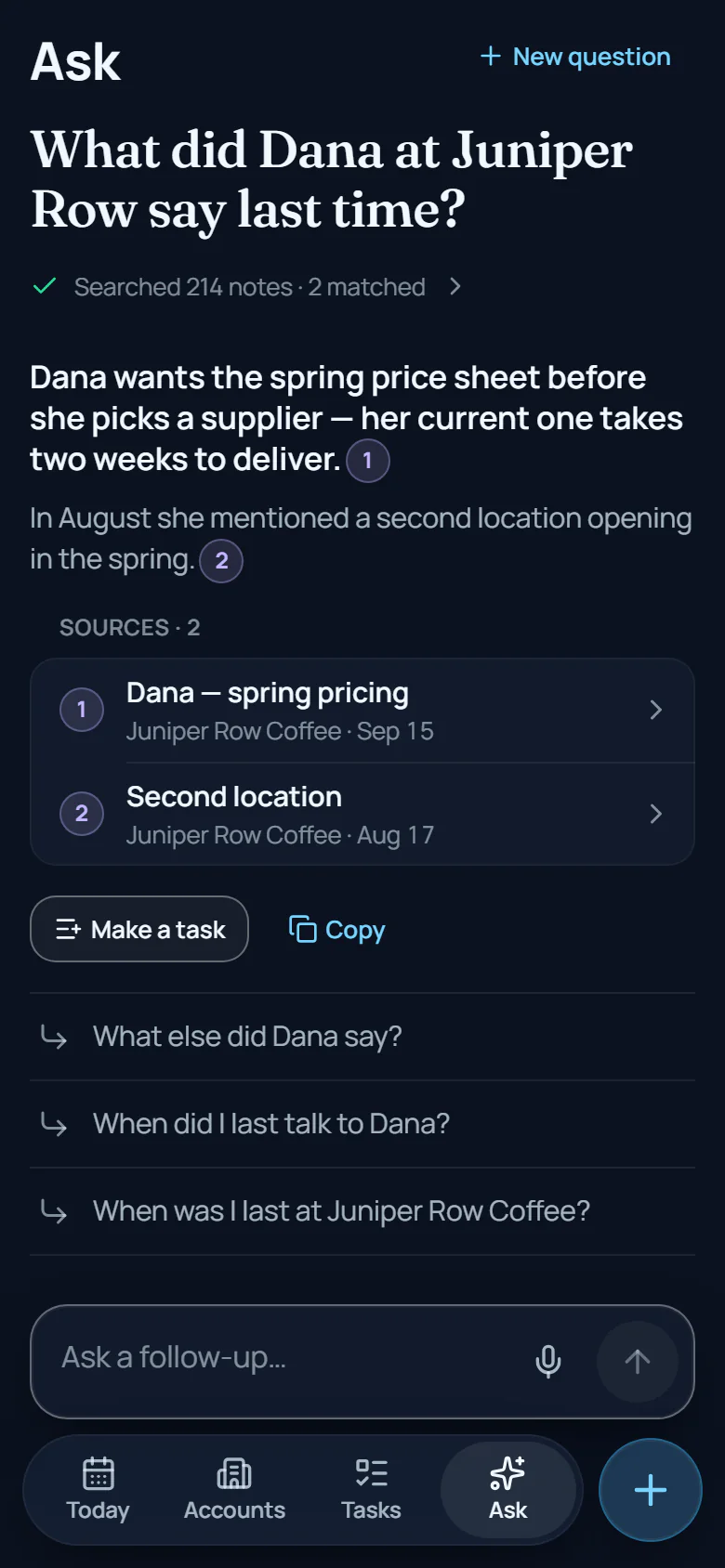 Asking RouteAnchor what a customer said last time, answered from two notes with numbered sources.