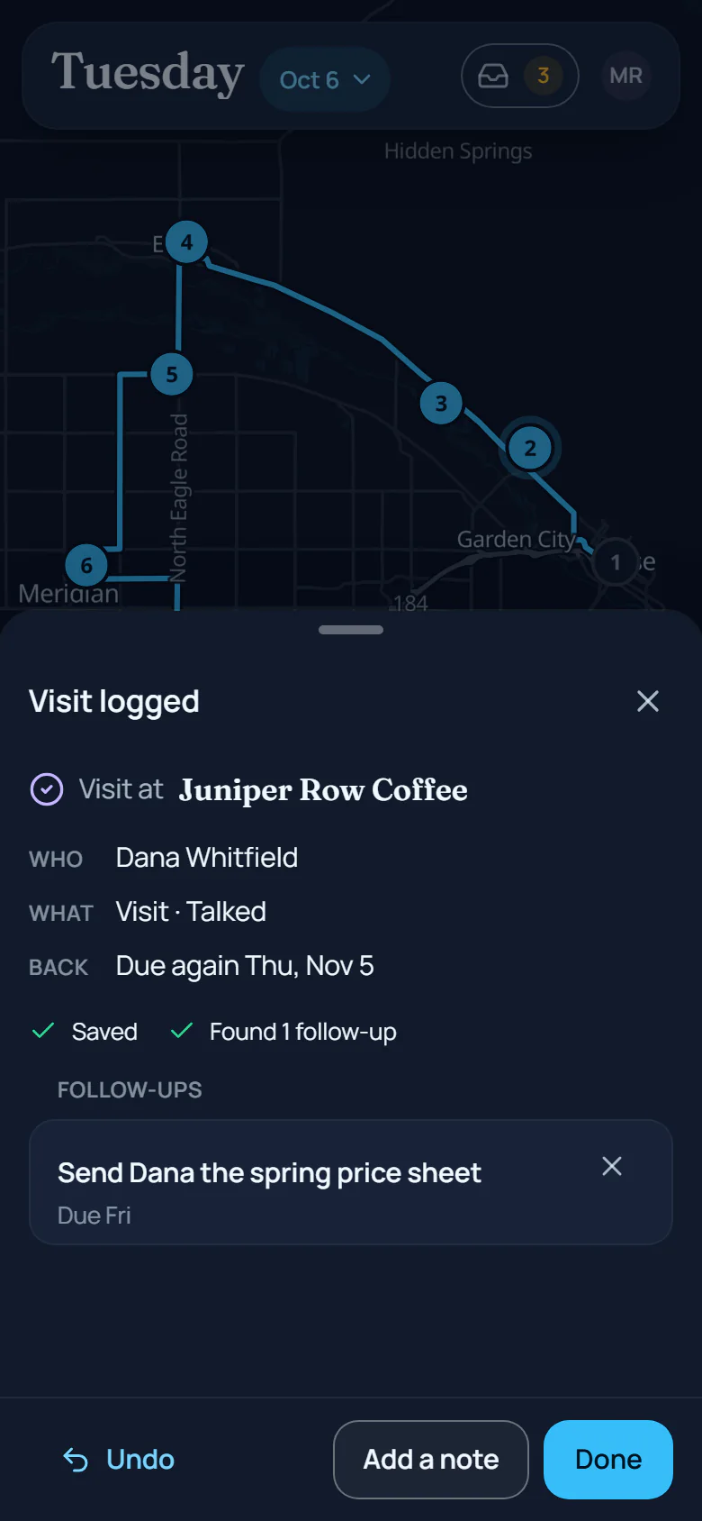 A logged visit on a phone: the receipt names who it was with and what happened, and shows the follow-up RouteAnchor already created.