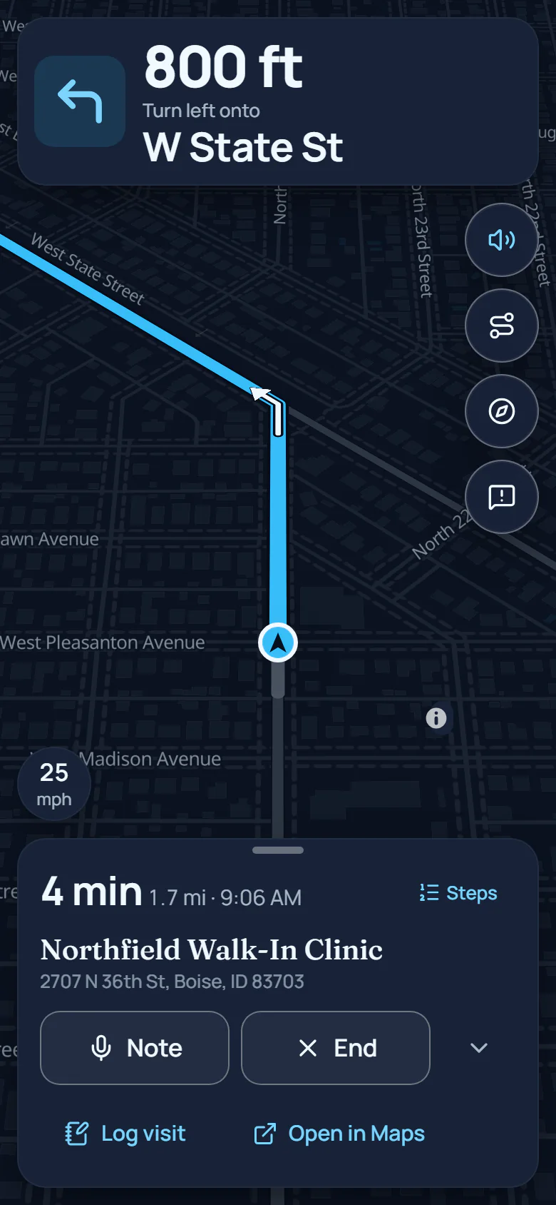 Turn-by-turn directions in RouteAnchor: “800 ft, turn left onto West State Street” on top; the route on the map with your speed, 25 mph, and buttons for spoken directions, the route overview, north up and reporting a map issue; below, the trip details open: Northfield Walk-In Clinic, 4 min, 1.7 mi, arriving 9:06 AM, with Steps, Note, End, Log visit and Open in Maps.