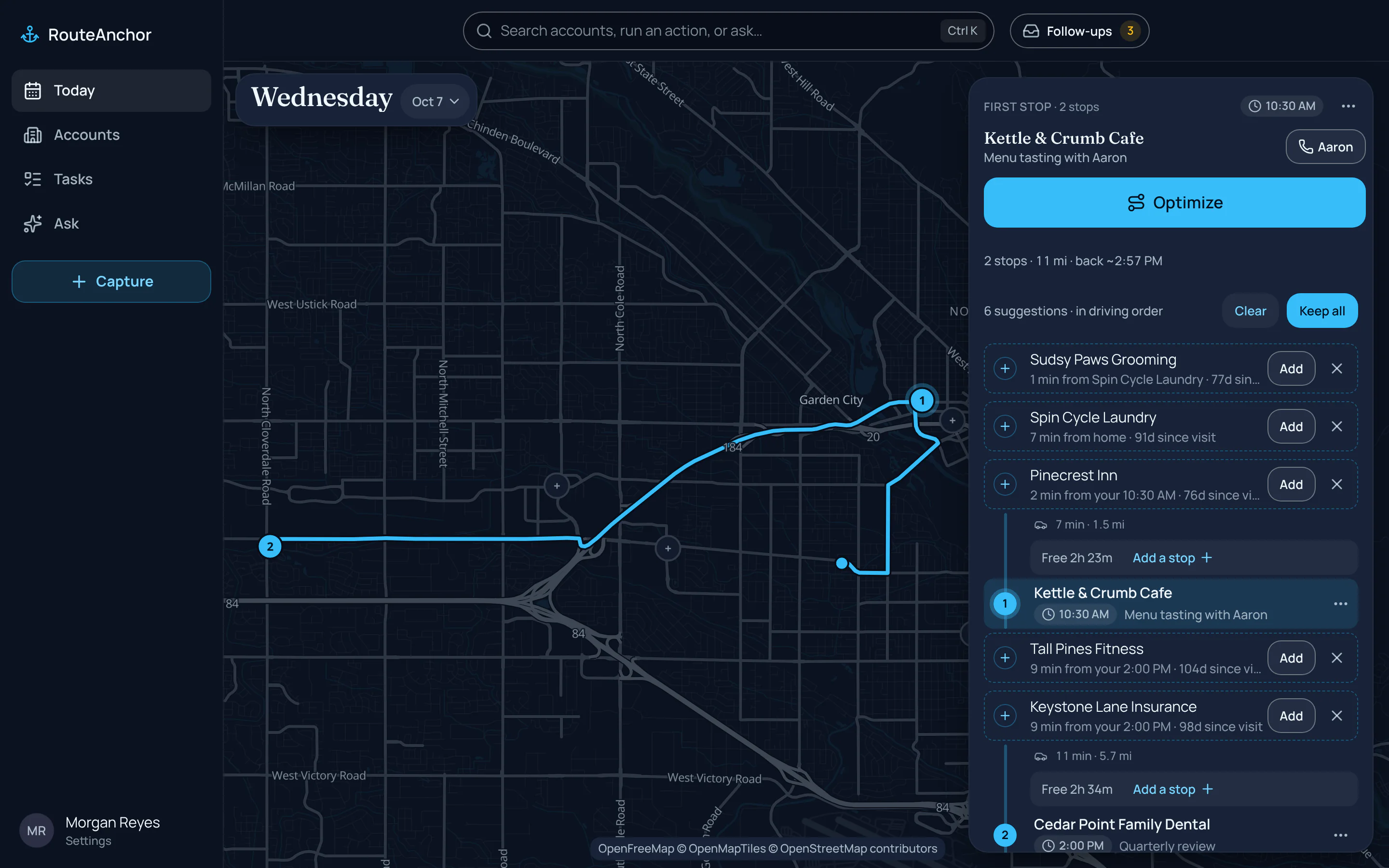 Plan my day on desktop: suggested stops fitted around the day's two appointments, marked + on the map and listed in driving order, each with a one-line reason and Add or dismiss.