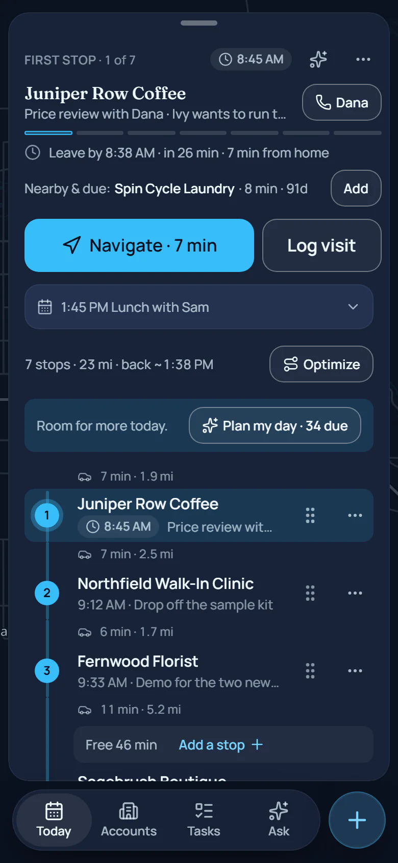Today's route on a phone: the calendar event, the day's totals with Optimize, and numbered stops with the drive between them and pinned times held in place.