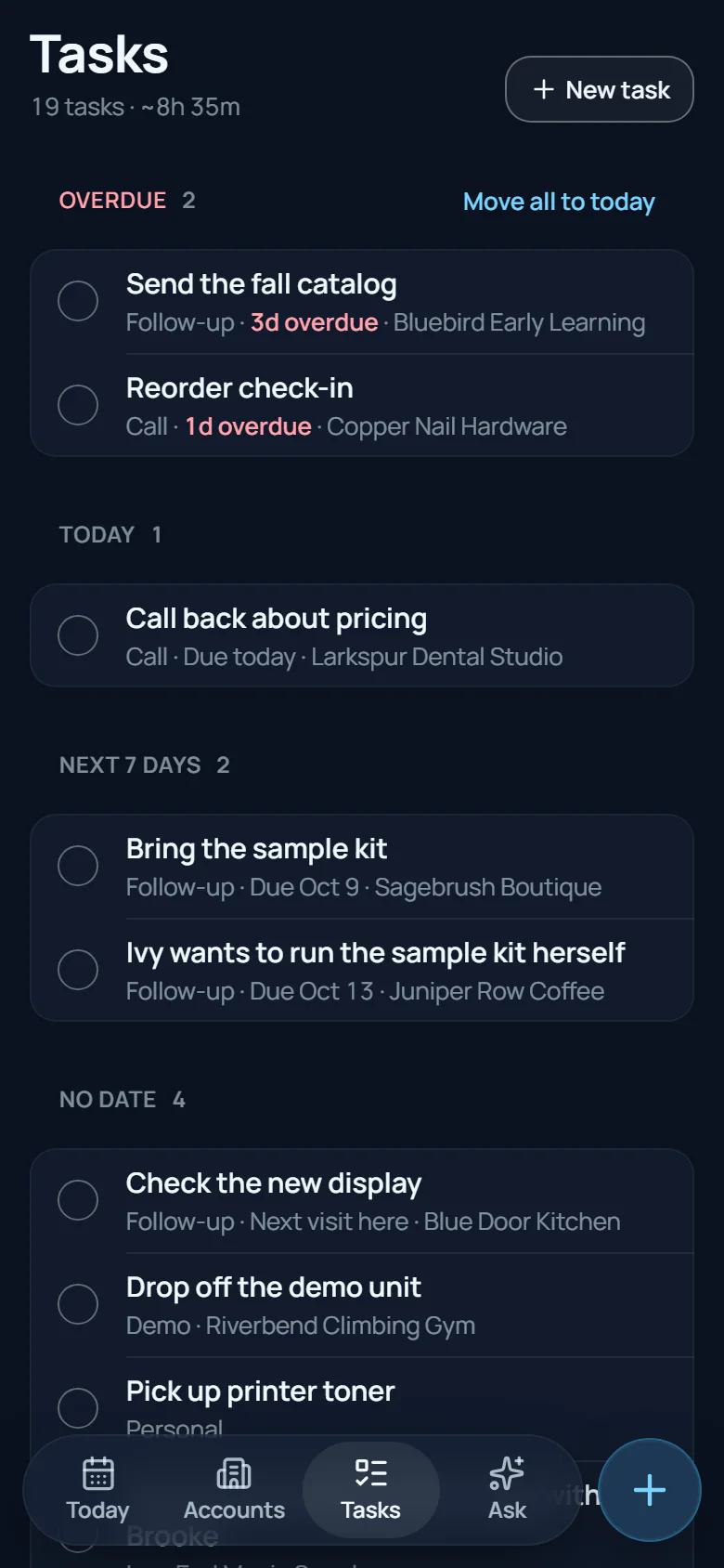 The Tasks list on a phone, grouped as overdue, today, the next 7 days and no date. Each row shows, where it has them, its kind (follow-up, call, demo or personal), when it's due and its account; one follow-up waits for the next visit to Blue Door Kitchen.