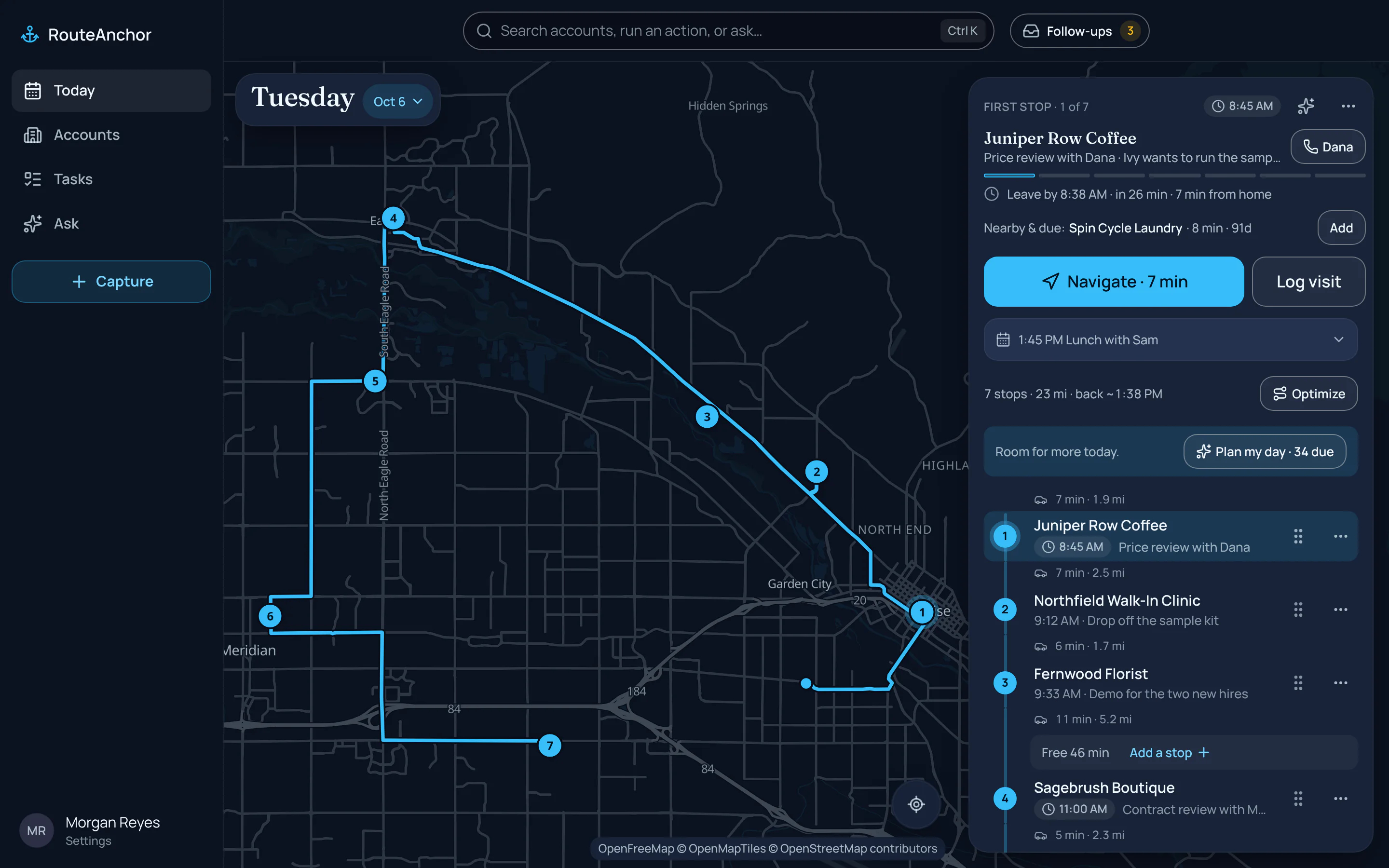 RouteAnchor's Today screen on desktop: the day's seven stops as a numbered route on the map, with the Up next card and the route list beside it.